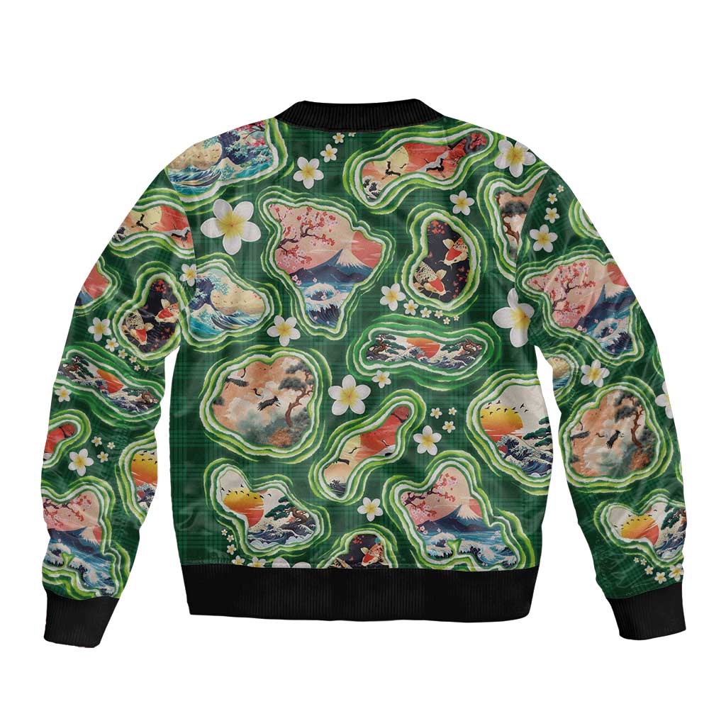 Hawaiian and Japanese Culture Together Sleeve Zip Bomber Jacket Hawaiian Island Shapes with Japanese Landscape Green Color