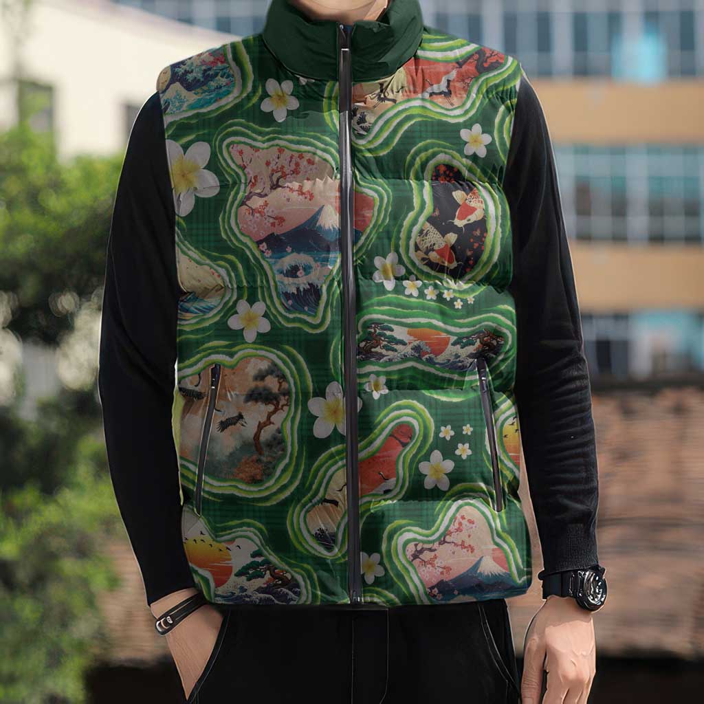 Hawaiian and Japanese Culture Together Sleeveless Puffer Jacket Hawaiian Island Shapes with Japanese Landscape Green Color
