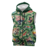 Hawaiian and Japanese Culture Together Sleeveless Zip Hoodie Hawaiian Island Shapes with Japanese Landscape Green Color