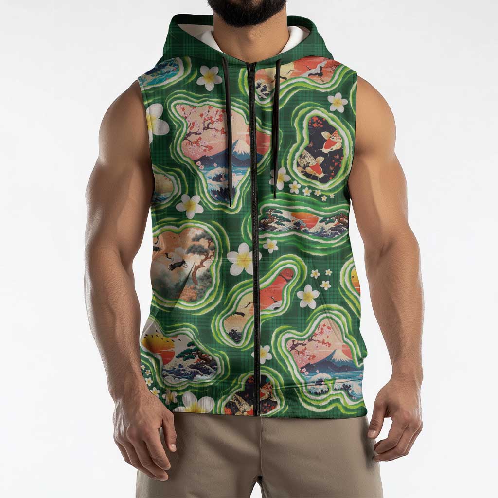 Hawaiian and Japanese Culture Together Sleeveless Zip Hoodie Hawaiian Island Shapes with Japanese Landscape Green Color