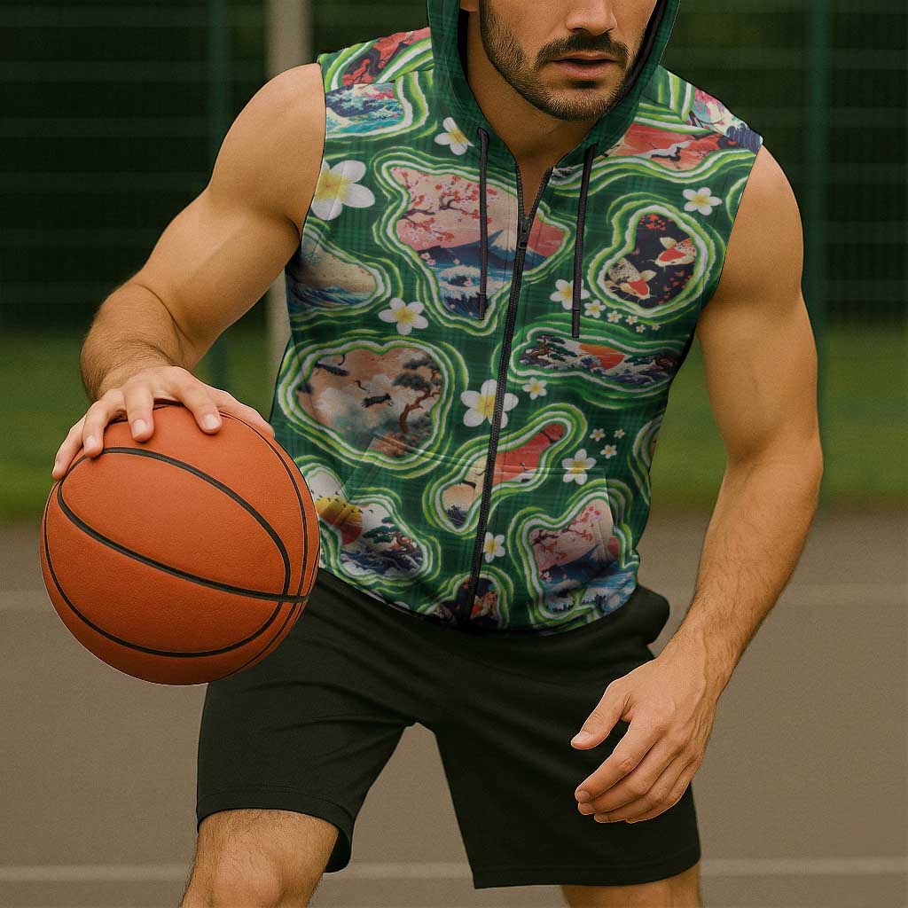 Hawaiian and Japanese Culture Together Sleeveless Zip Hoodie Hawaiian Island Shapes with Japanese Landscape Green Color