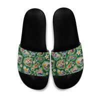Hawaiian and Japanese Culture Together Slide Sandals Hawaiian Island Shapes with Japanese Landscape Green Color