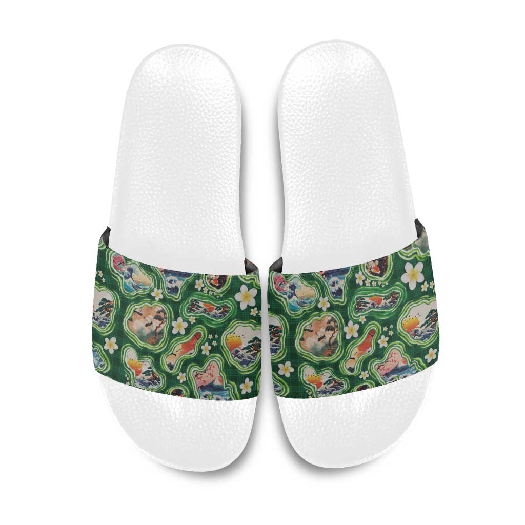 Hawaiian and Japanese Culture Together Slide Sandals Hawaiian Island Shapes with Japanese Landscape Green Color