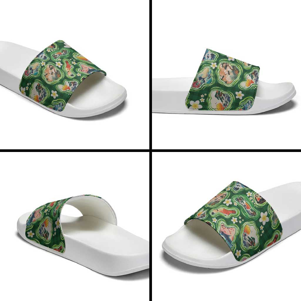 Hawaiian and Japanese Culture Together Slide Sandals Hawaiian Island Shapes with Japanese Landscape Green Color