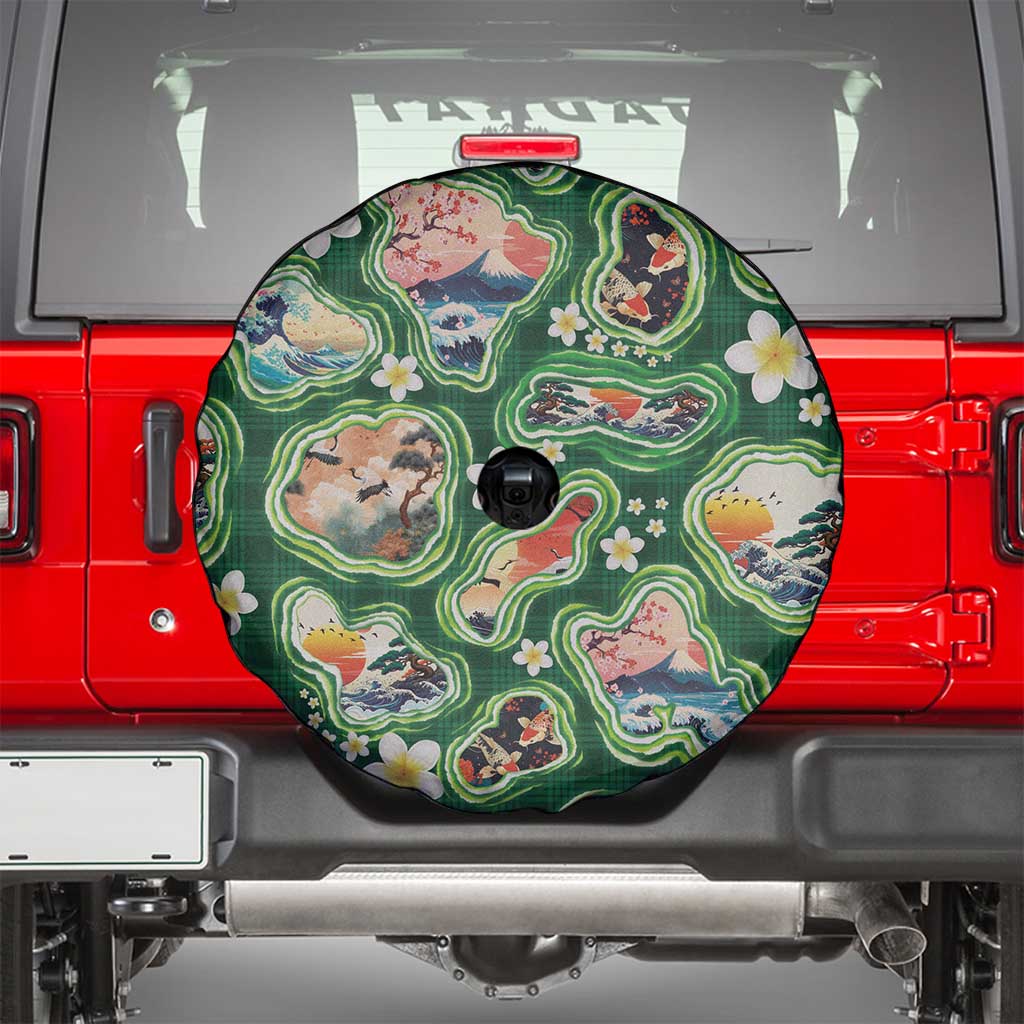 Hawaiian and Japanese Culture Together Spare Tire Cover Hawaiian Island Shapes with Japanese Landscape Green Color