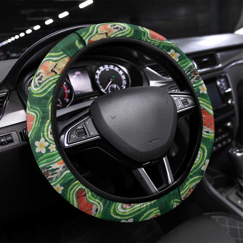 Hawaiian and Japanese Culture Together Steering Wheel Cover Hawaiian Island Shapes with Japanese Landscape Green Color