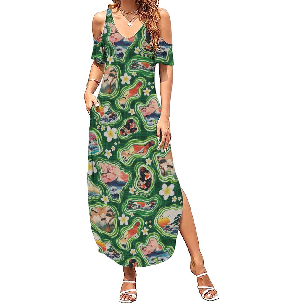 Hawaiian and Japanese Culture Together Summer Maxi Dress Hawaiian Island Shapes with Japanese Landscape Green Color