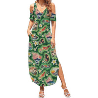Hawaiian and Japanese Culture Together Summer Maxi Dress Hawaiian Island Shapes with Japanese Landscape Green Color