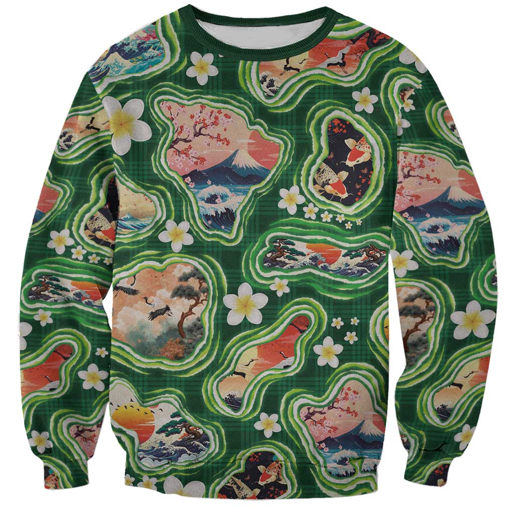 Hawaiian and Japanese Culture Together Sweatshirt Hawaiian Island Shapes with Japanese Landscape Green Color LT03 Unisex Green - Polynesian Pride