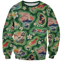 Hawaiian and Japanese Culture Together Sweatshirt Hawaiian Island Shapes with Japanese Landscape Green Color