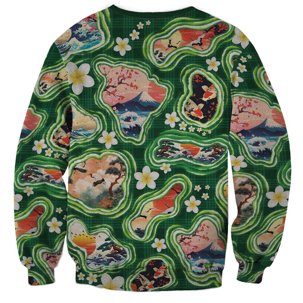 Hawaiian and Japanese Culture Together Sweatshirt Hawaiian Island Shapes with Japanese Landscape Green Color