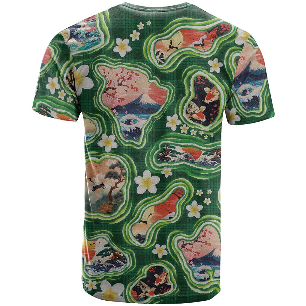 Hawaiian and Japanese Culture Together T Shirt Hawaiian Island Shapes with Japanese Landscape Green Color