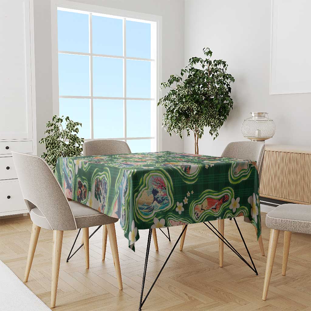 Hawaiian and Japanese Culture Together Tablecloth Hawaiian Island Shapes with Japanese Landscape Green Color