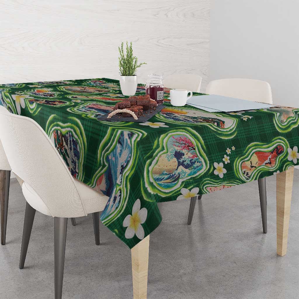 Hawaiian and Japanese Culture Together Tablecloth Hawaiian Island Shapes with Japanese Landscape Green Color