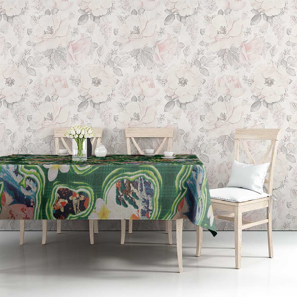 Hawaiian and Japanese Culture Together Tablecloth Hawaiian Island Shapes with Japanese Landscape Green Color