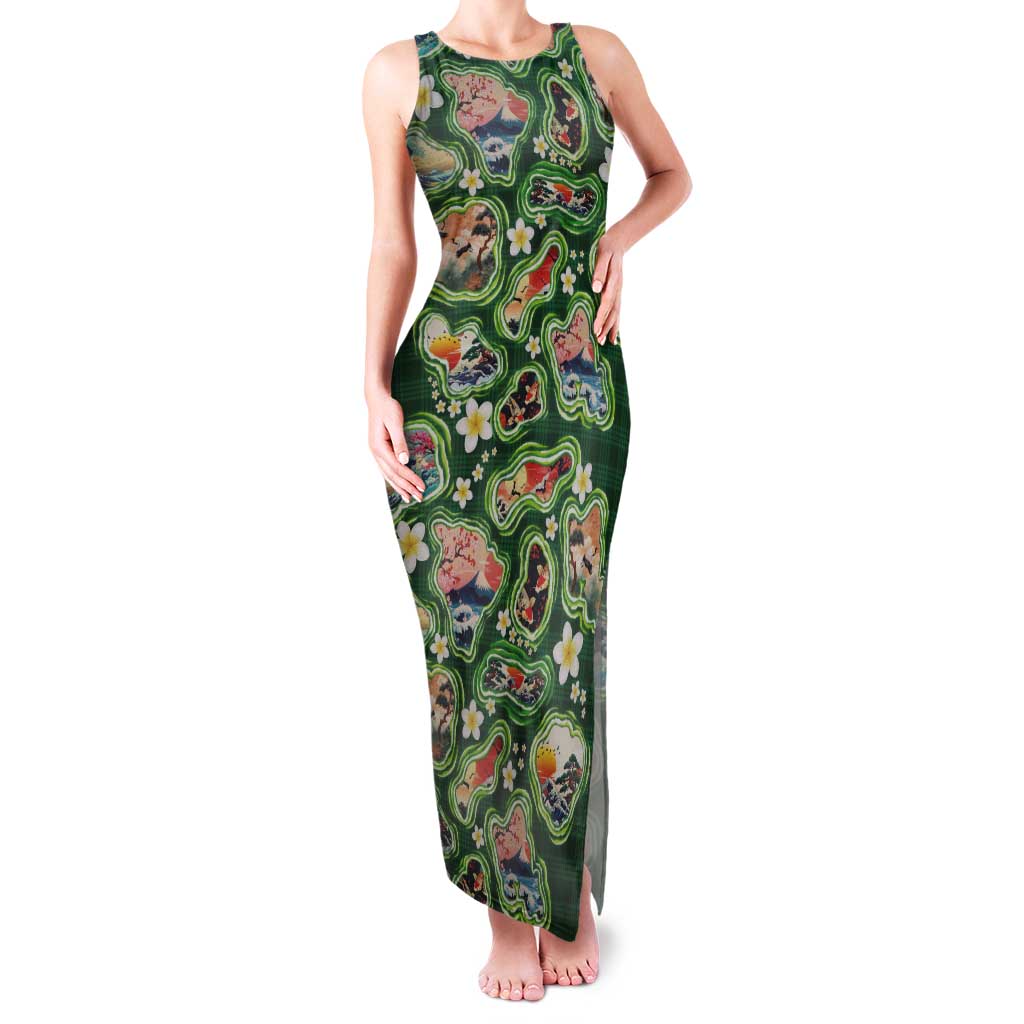 Hawaiian and Japanese Culture Together Tank Maxi Dress Hawaiian Island Shapes with Japanese Landscape Green Color