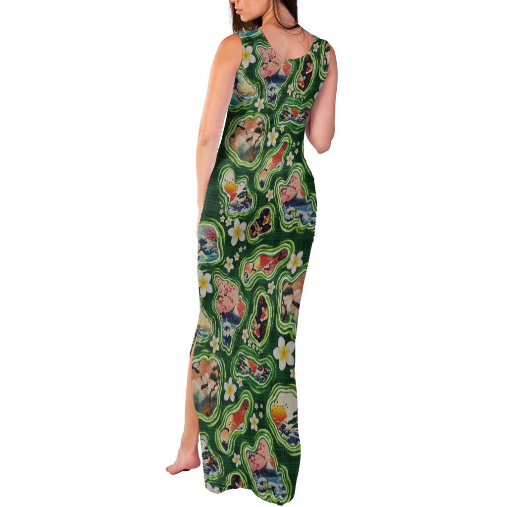 Hawaiian and Japanese Culture Together Tank Maxi Dress Hawaiian Island Shapes with Japanese Landscape Green Color