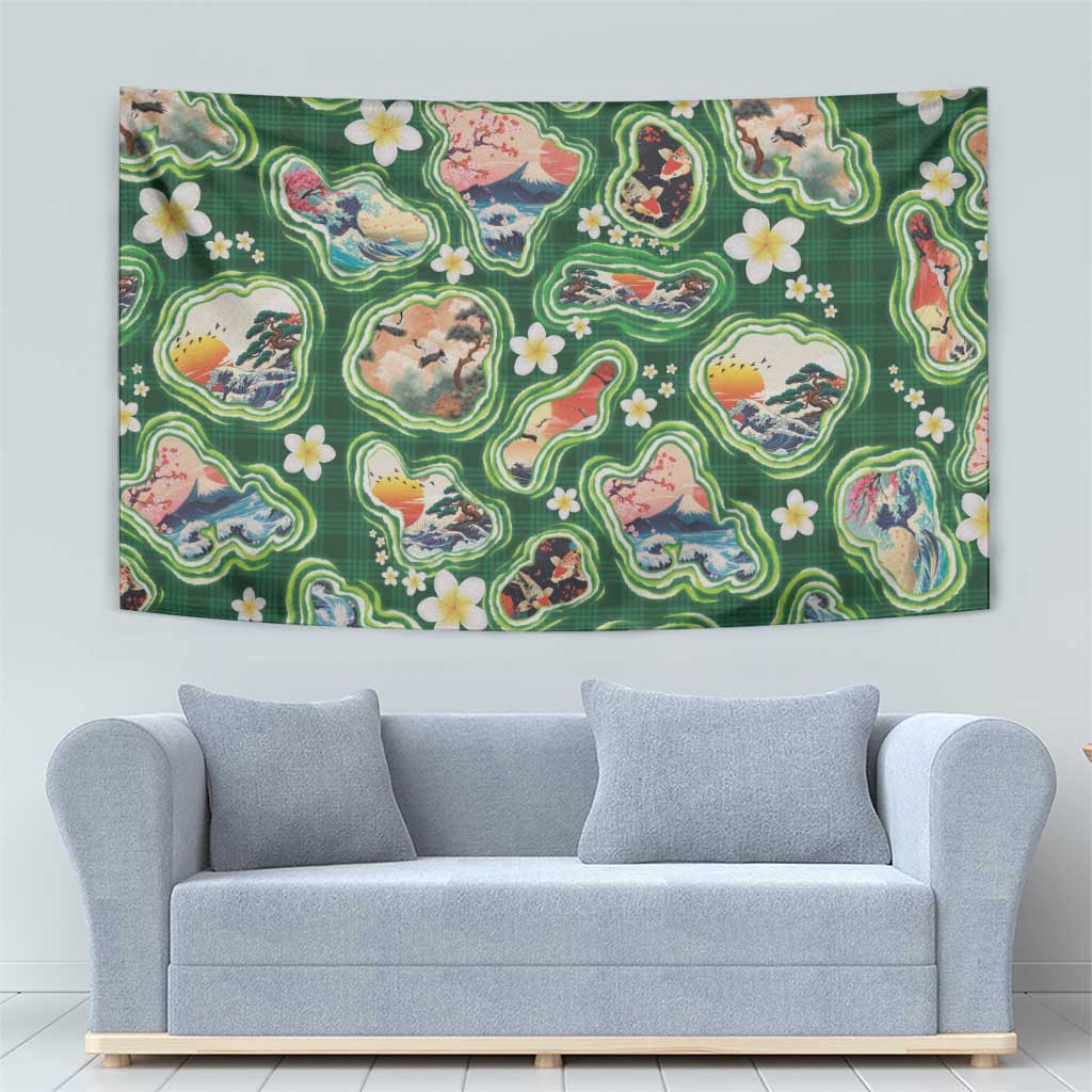 Hawaiian and Japanese Culture Together Tapestry Hawaiian Island Shapes with Japanese Landscape Green Color
