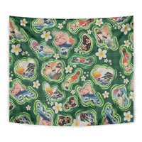 Hawaiian and Japanese Culture Together Tapestry Hawaiian Island Shapes with Japanese Landscape Green Color