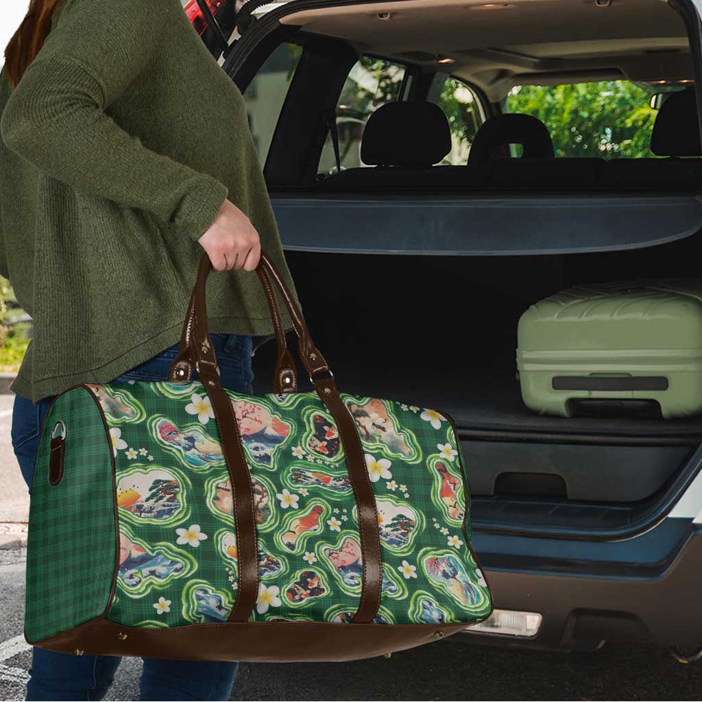 Hawaiian and Japanese Culture Together Travel Bag Hawaiian Island Shapes with Japanese Landscape Green Color
