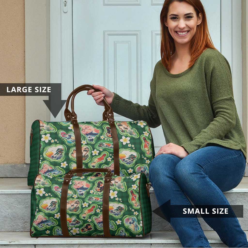 Hawaiian and Japanese Culture Together Travel Bag Hawaiian Island Shapes with Japanese Landscape Green Color