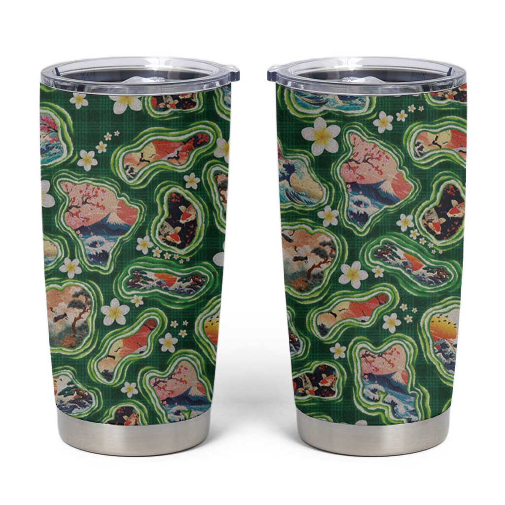 Hawaiian and Japanese Culture Together Tumbler Cup Hawaiian Island Shapes with Japanese Landscape Green Color LT03 Green - Polynesian Pride