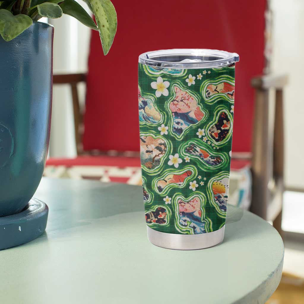 Hawaiian and Japanese Culture Together Tumbler Cup Hawaiian Island Shapes with Japanese Landscape Green Color