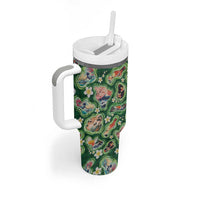 Hawaiian and Japanese Culture Together Tumbler With Handle Hawaiian Island Shapes with Japanese Landscape Green Color