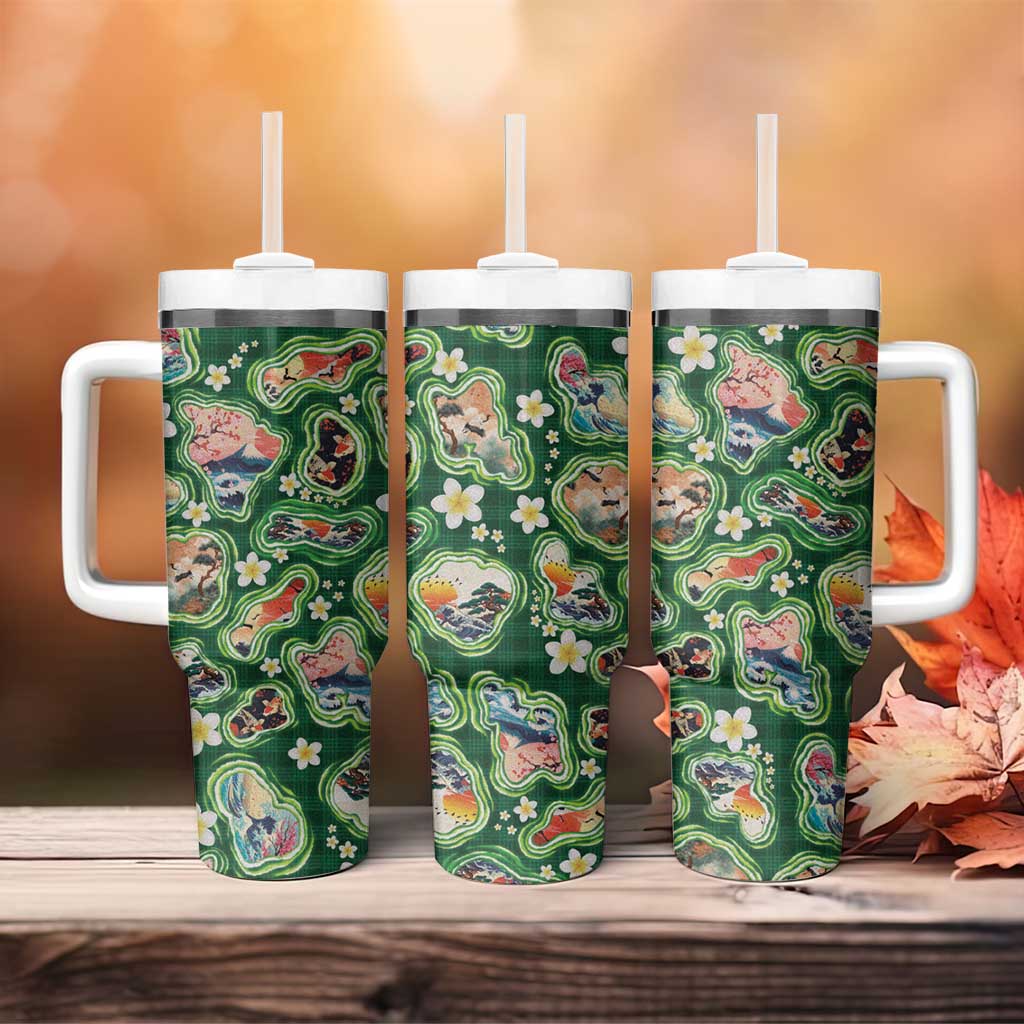 Hawaiian and Japanese Culture Together Tumbler With Handle Hawaiian Island Shapes with Japanese Landscape Green Color