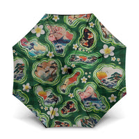 Hawaiian and Japanese Culture Together Umbrella Hawaiian Island Shapes with Japanese Landscape Green Color