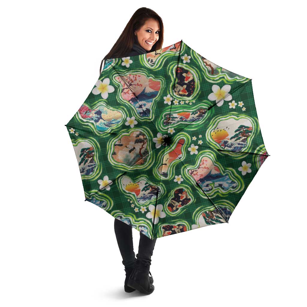 Hawaiian and Japanese Culture Together Umbrella Hawaiian Island Shapes with Japanese Landscape Green Color