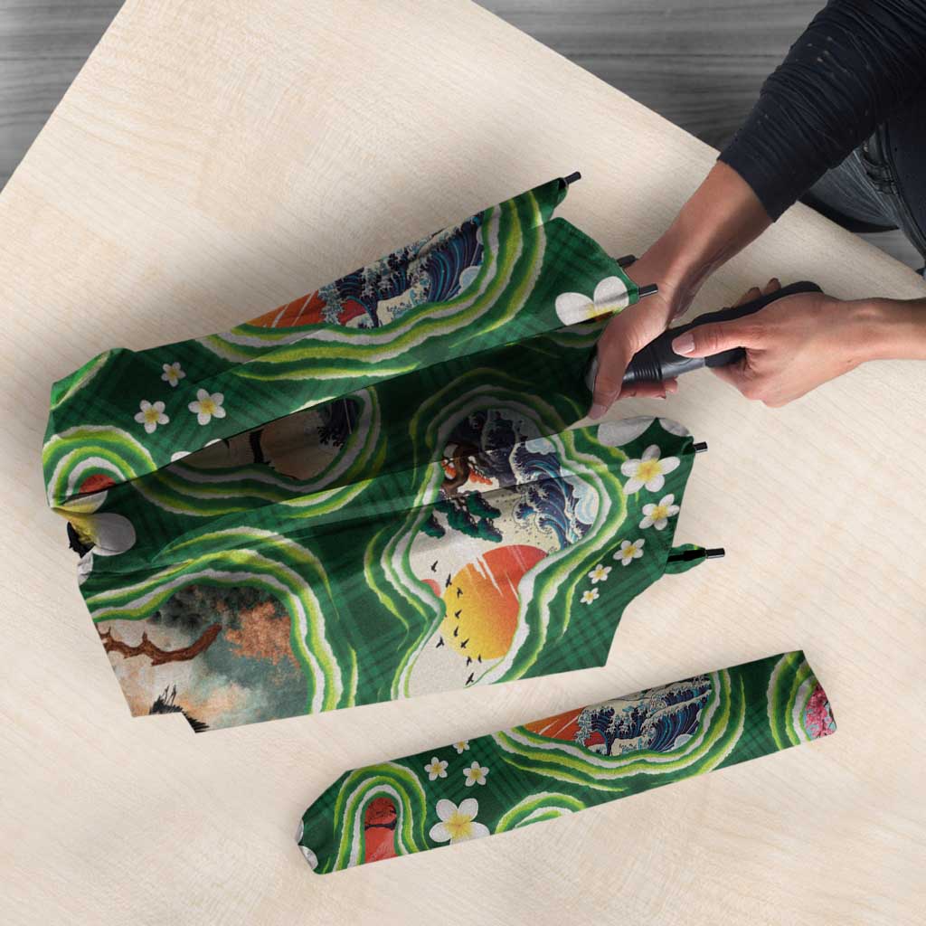 Hawaiian and Japanese Culture Together Umbrella Hawaiian Island Shapes with Japanese Landscape Green Color