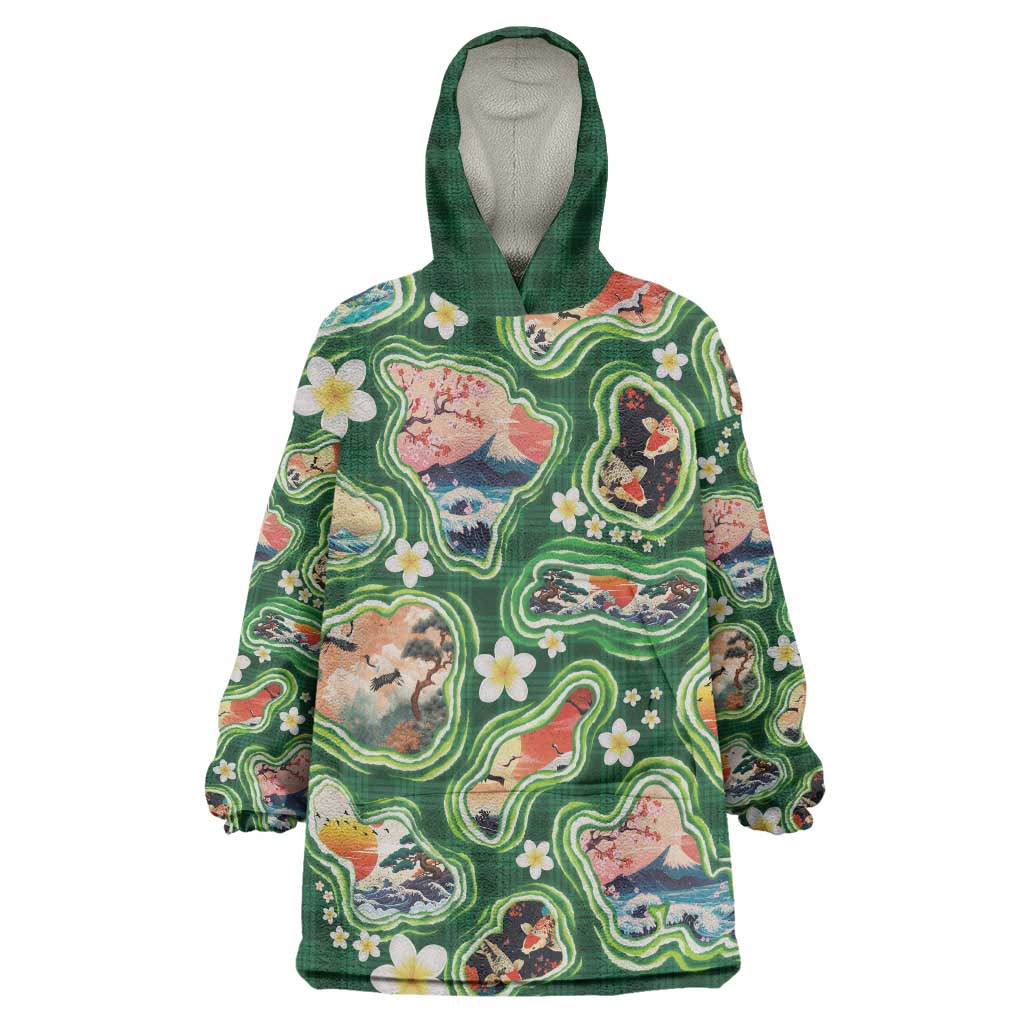 Hawaiian and Japanese Culture Together Wearable Blanket Hoodie Hawaiian Island Shapes with Japanese Landscape Green Color
