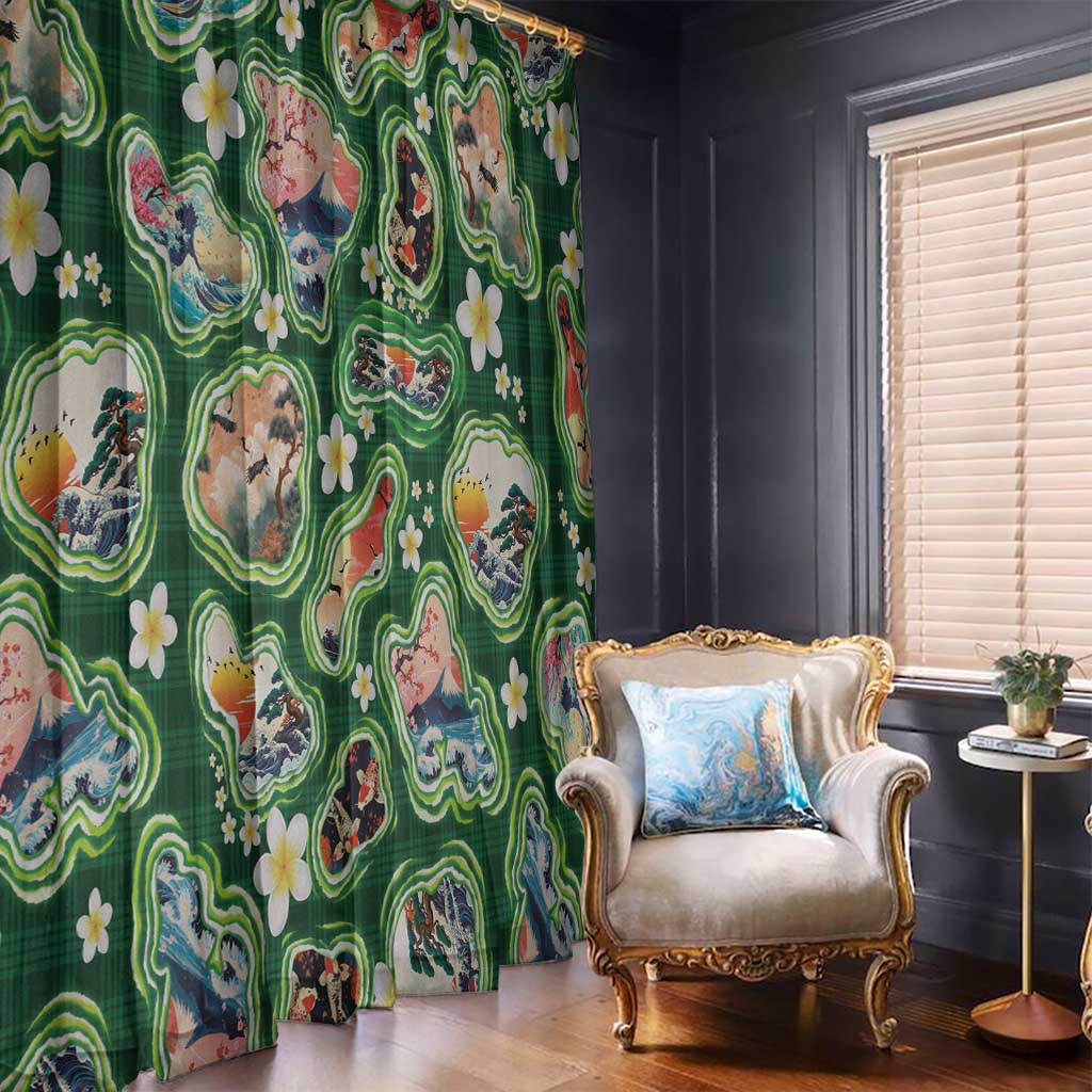 Hawaiian and Japanese Culture Together Window Curtain Hawaiian Island Shapes with Japanese Landscape Green Color