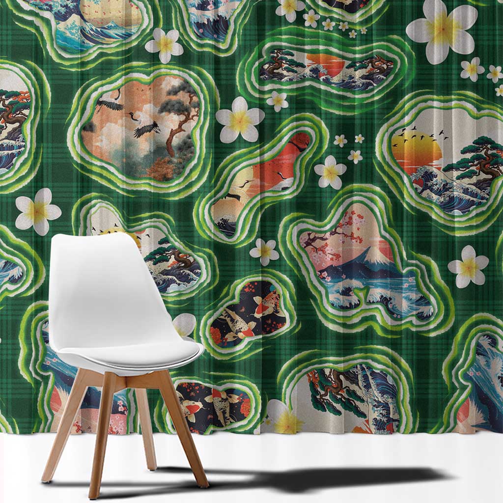 Hawaiian and Japanese Culture Together Window Curtain Hawaiian Island Shapes with Japanese Landscape Green Color