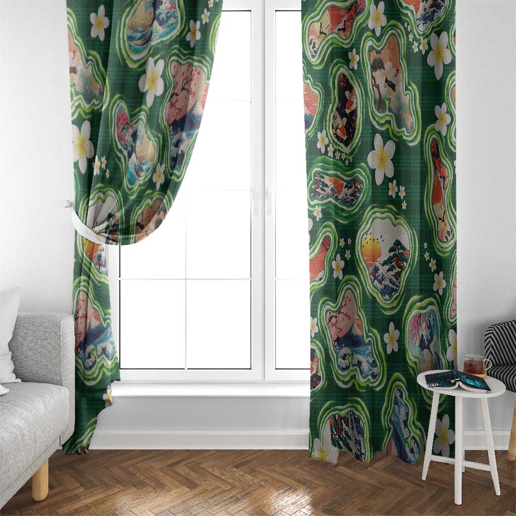 Hawaiian and Japanese Culture Together Window Curtain Hawaiian Island Shapes with Japanese Landscape Green Color
