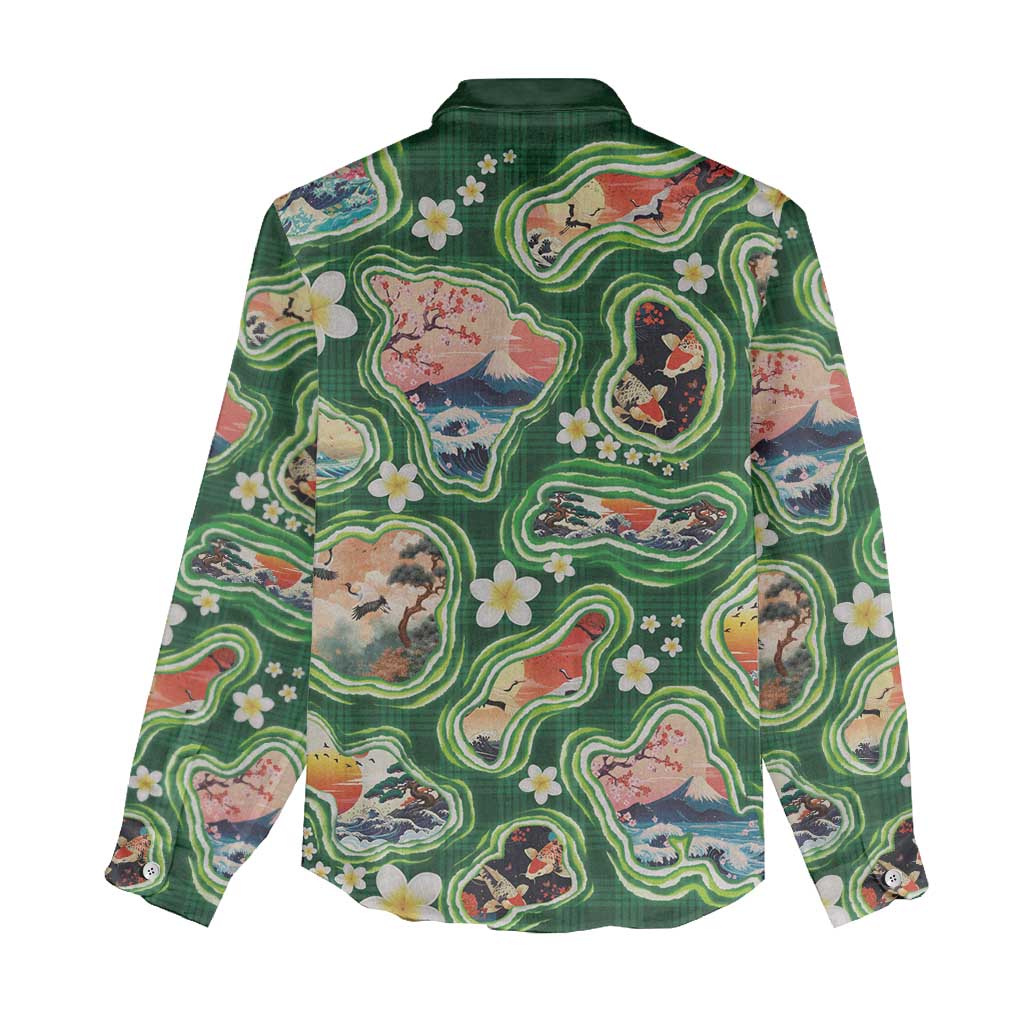 Hawaiian and Japanese Culture Together Women Casual Shirt Hawaiian Island Shapes with Japanese Landscape Green Color