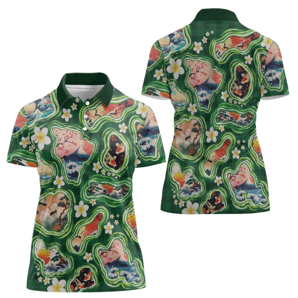 Hawaiian and Japanese Culture Together Women Polo Shirt Hawaiian Island Shapes with Japanese Landscape Green Color