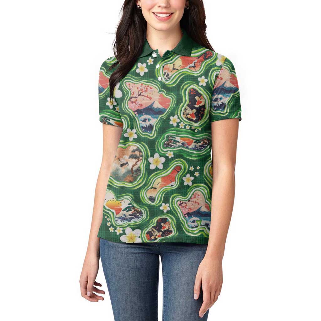 Hawaiian and Japanese Culture Together Women Polo Shirt Hawaiian Island Shapes with Japanese Landscape Green Color