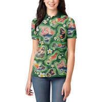 Hawaiian and Japanese Culture Together Women Polo Shirt Hawaiian Island Shapes with Japanese Landscape Green Color