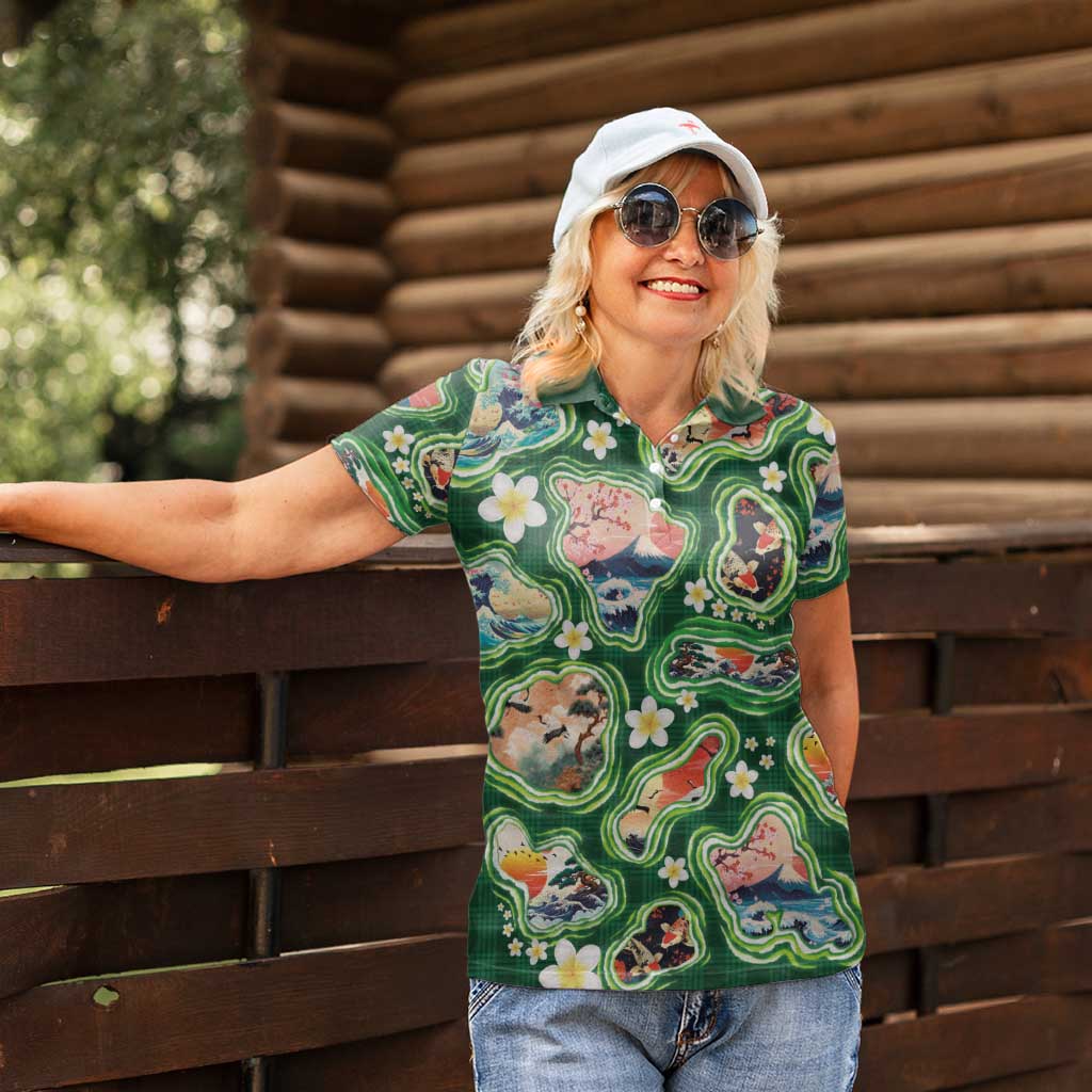 Hawaiian and Japanese Culture Together Women Polo Shirt Hawaiian Island Shapes with Japanese Landscape Green Color