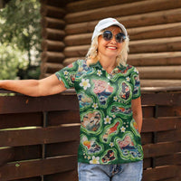 Hawaiian and Japanese Culture Together Women Polo Shirt Hawaiian Island Shapes with Japanese Landscape Green Color