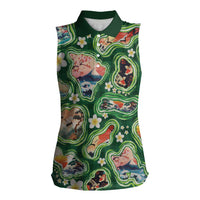 Hawaiian and Japanese Culture Together Women Sleeveless Polo Shirt Hawaiian Island Shapes with Japanese Landscape Green Color