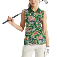 Hawaiian and Japanese Culture Together Women Sleeveless Polo Shirt Hawaiian Island Shapes with Japanese Landscape Green Color