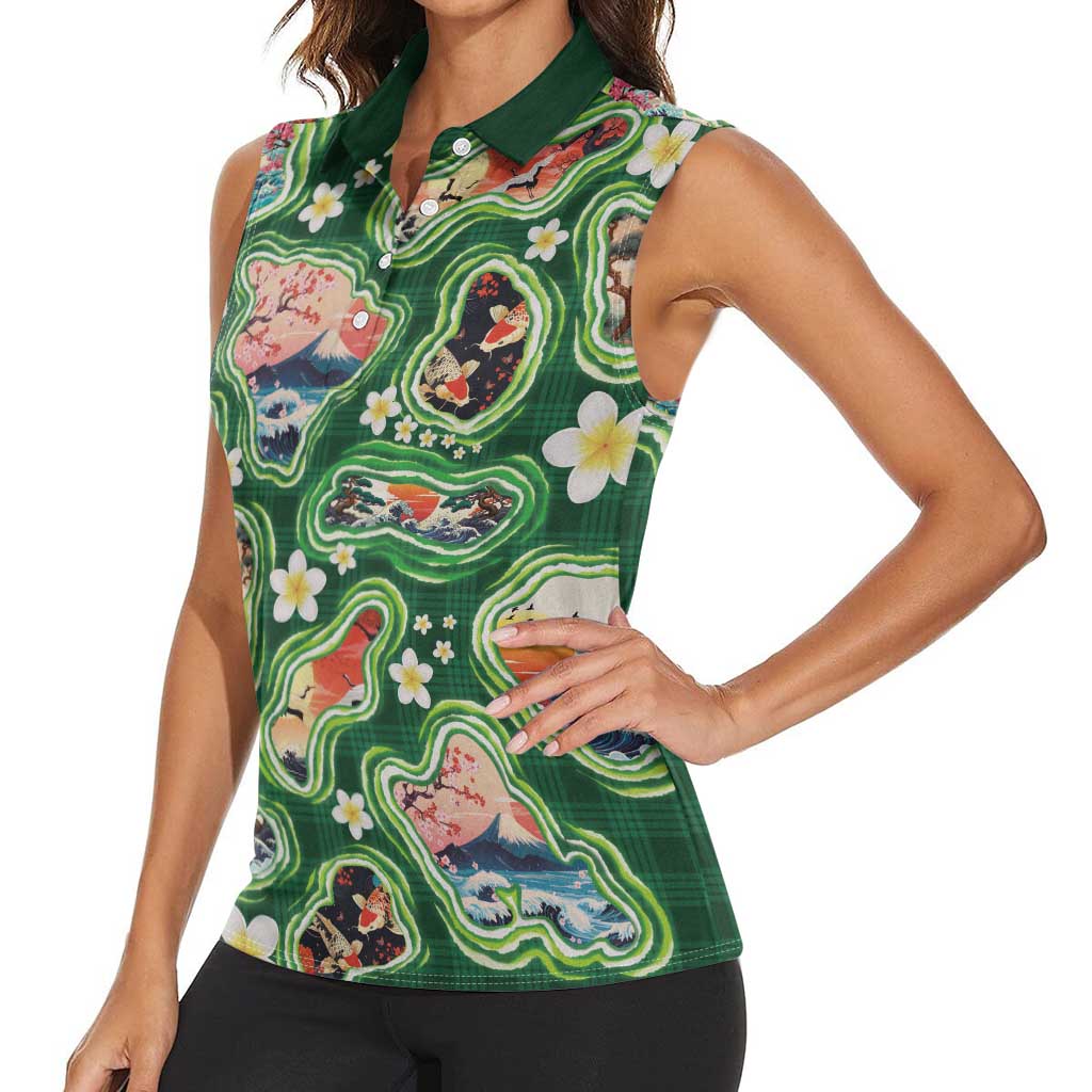 Hawaiian and Japanese Culture Together Women Sleeveless Polo Shirt Hawaiian Island Shapes with Japanese Landscape Green Color