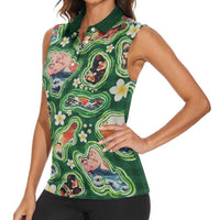 Hawaiian and Japanese Culture Together Women Sleeveless Polo Shirt Hawaiian Island Shapes with Japanese Landscape Green Color