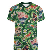Hawaiian and Japanese Culture Together Women V-Neck T-Shirt Hawaiian Island Shapes with Japanese Landscape Green Color