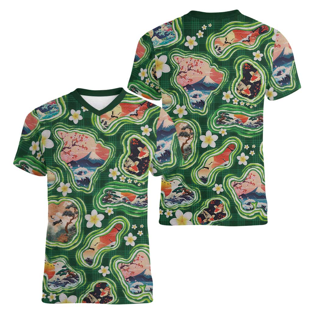 Hawaiian and Japanese Culture Together Women V-Neck T-Shirt Hawaiian Island Shapes with Japanese Landscape Green Color