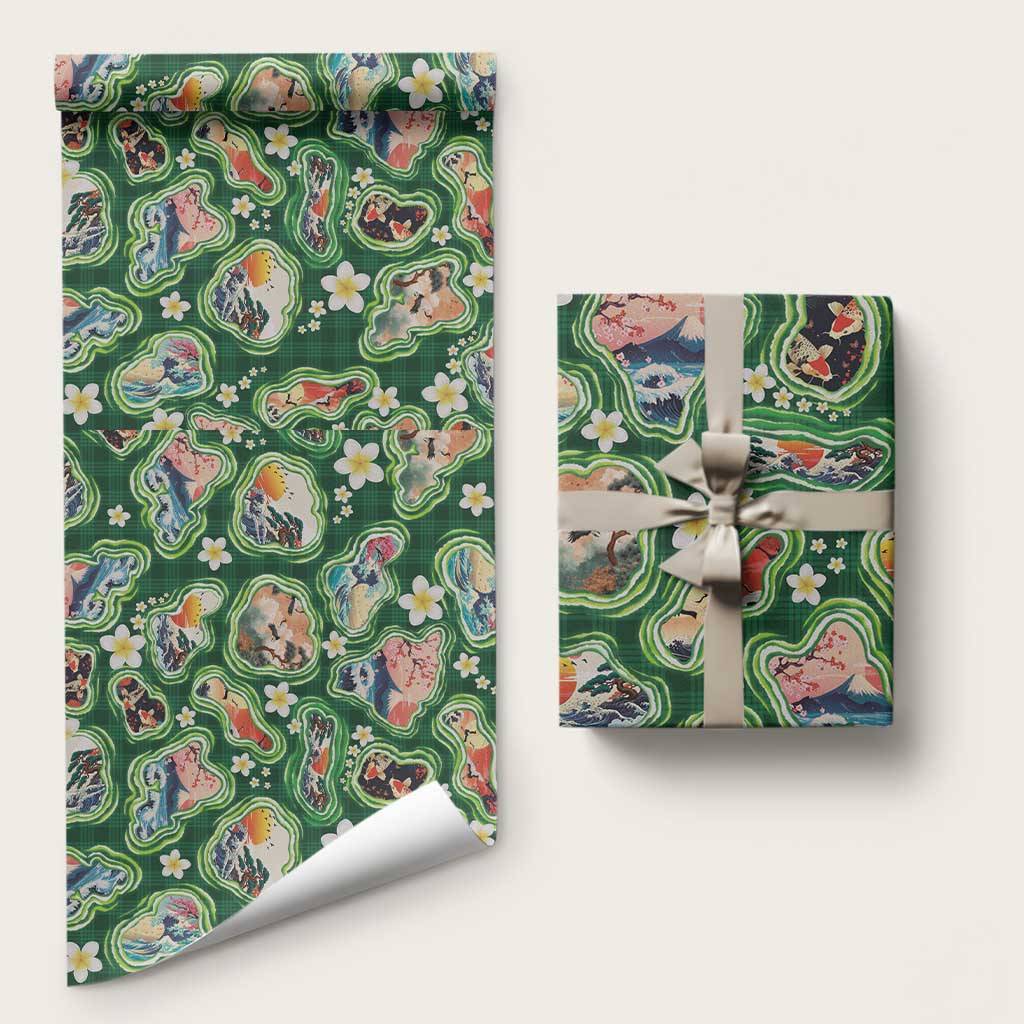 Hawaiian and Japanese Culture Together Wrapping Paper Hawaiian Island Shapes with Japanese Landscape Green Color