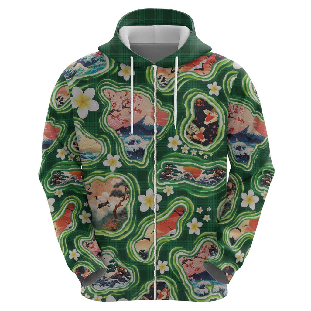 Hawaiian and Japanese Culture Together Zip Hoodie Hawaiian Island Shapes with Japanese Landscape Green Color